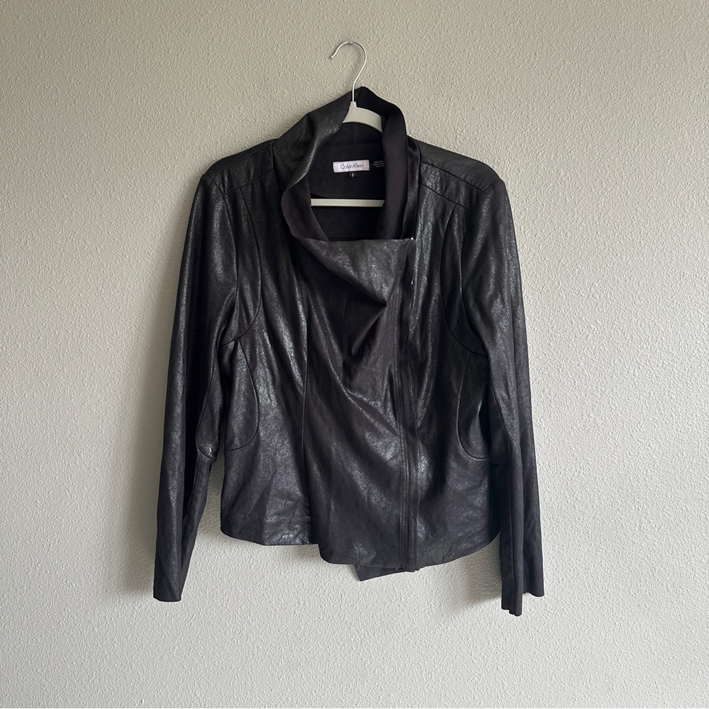 Calvin Klein Black Faux Leather Moto Jacket Large